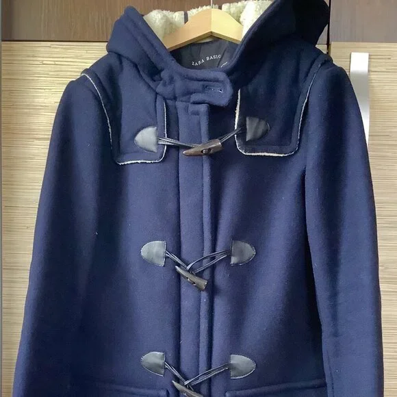 Zara Basic Women's Ladies Dark Blue Navy Wool Coat Jacket with Hood Size (L) - Picture 3 of 12